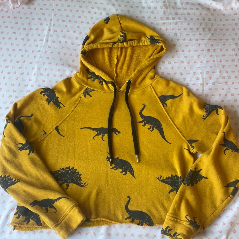 Love, Peace, and Lazy Days yellow dinosaur cropped top